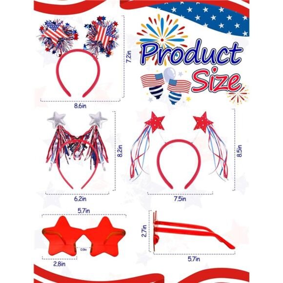 8-Piece Patriotic Party Set – USA Glasses & Star Headbands - Picture 3 of 7